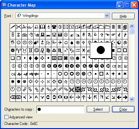 Character map: large dot selected