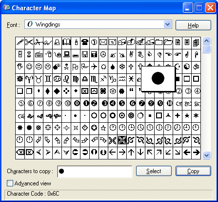 wingdings 2 character map