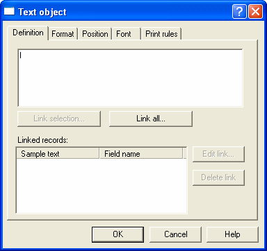 Text Object: Definition tab