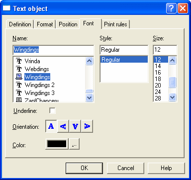 Text object - Font tab: Wingdings