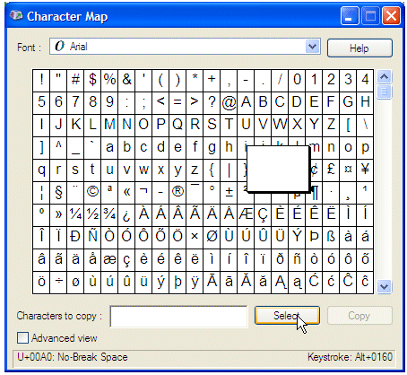 Character Map: Non-breaking space selected