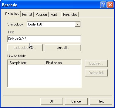 Barcode Definition tab: Code 128, example text