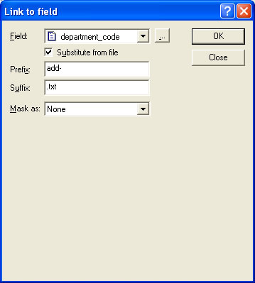 Field: department_code, Substitute from file, prefix: add-, Suffix .txt