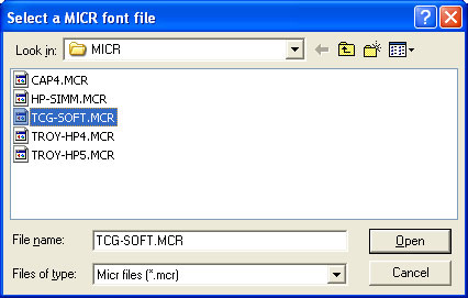 Select MICR font (TCG-SOFT.MCR)